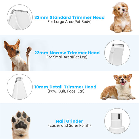 4-in-1 Cordless Pet Grooming Kit – Low-Noise Clippers & Nail Grinder for Dogs & Cats, Trims Hair on Paws, Face, Ears & Body