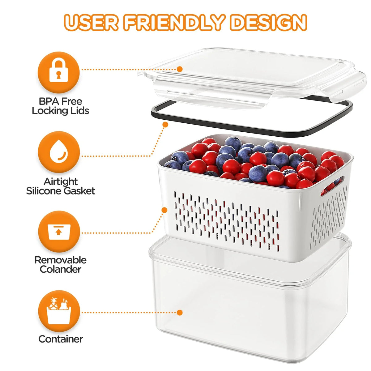 5 Pack Fruit Storage Containers for Fridge with Removable Colanders and Lids, 5 in 1 Leakproof Fridge Organizer Bins for Salad Berry Lettuce Vegetables Meat Keeper Fresh
