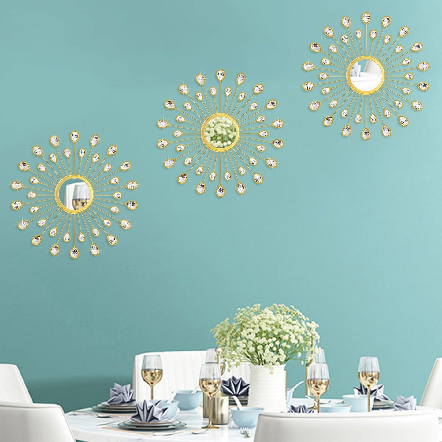 3-Pack Crystal Sunburst Wall Mirrors with Rhinestones, Silver Decorative Home Wall Art for Living Room, Bedroom & Entryway