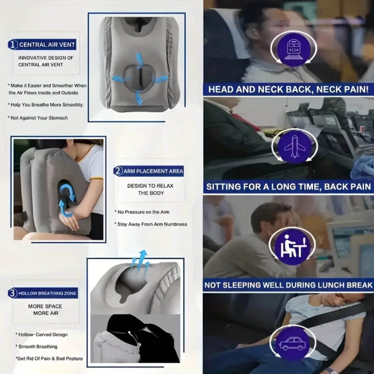 Portable inflatable pillow for airplanes cars buses and office