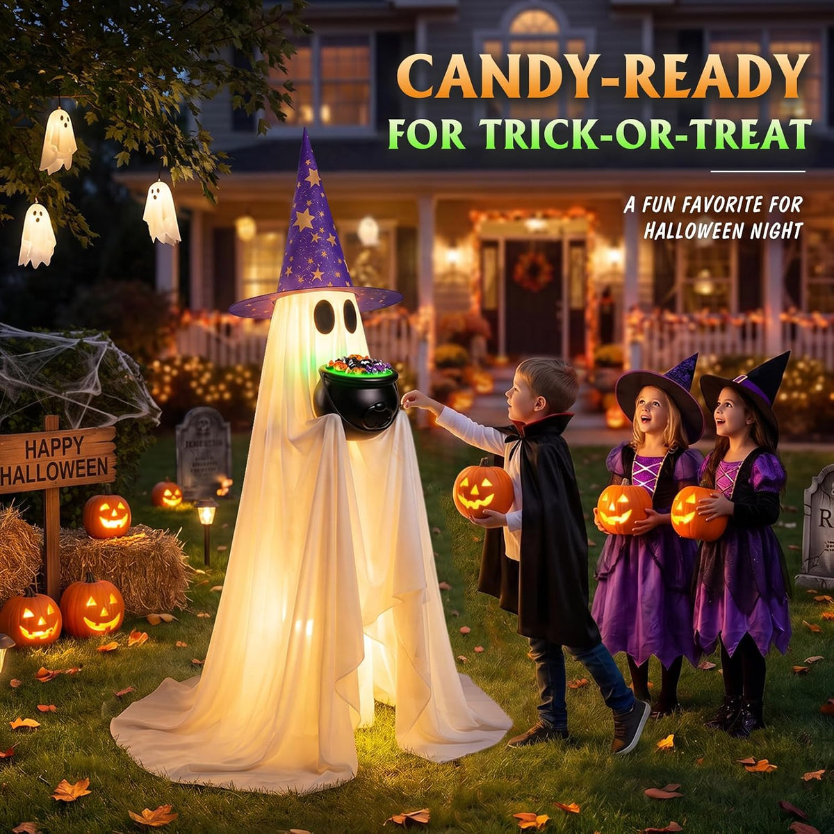 Large Halloween ghost decoration standing beside a glowing cauldron