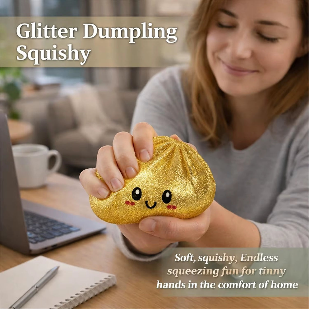 Cute dumpling-shaped squishy toy with sparkling glitter finish