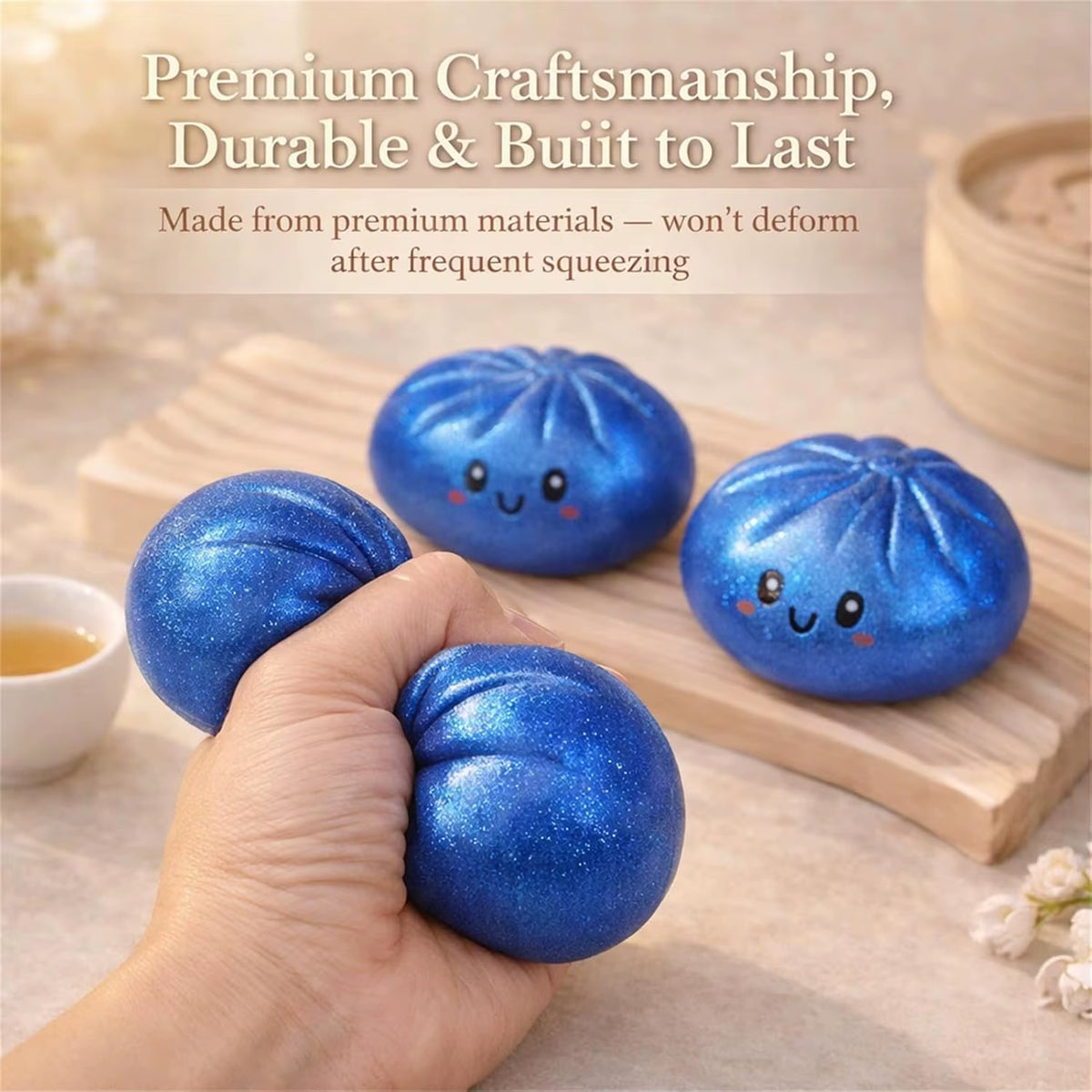 Soft glitter dumpling squeeze toy for sensory play and fidgeting