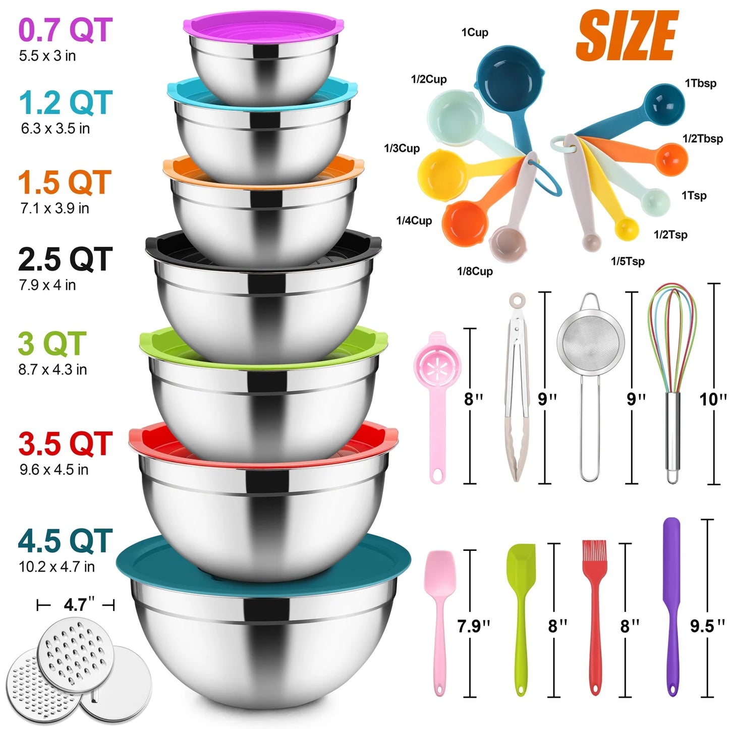 35-Piece Stainless Steel Nesting Mixing Bowl Set with Lids, 7 Sizes with 3 Graters & Kitchen Utensils for Mixing, Serving & Grating, Multi-Color