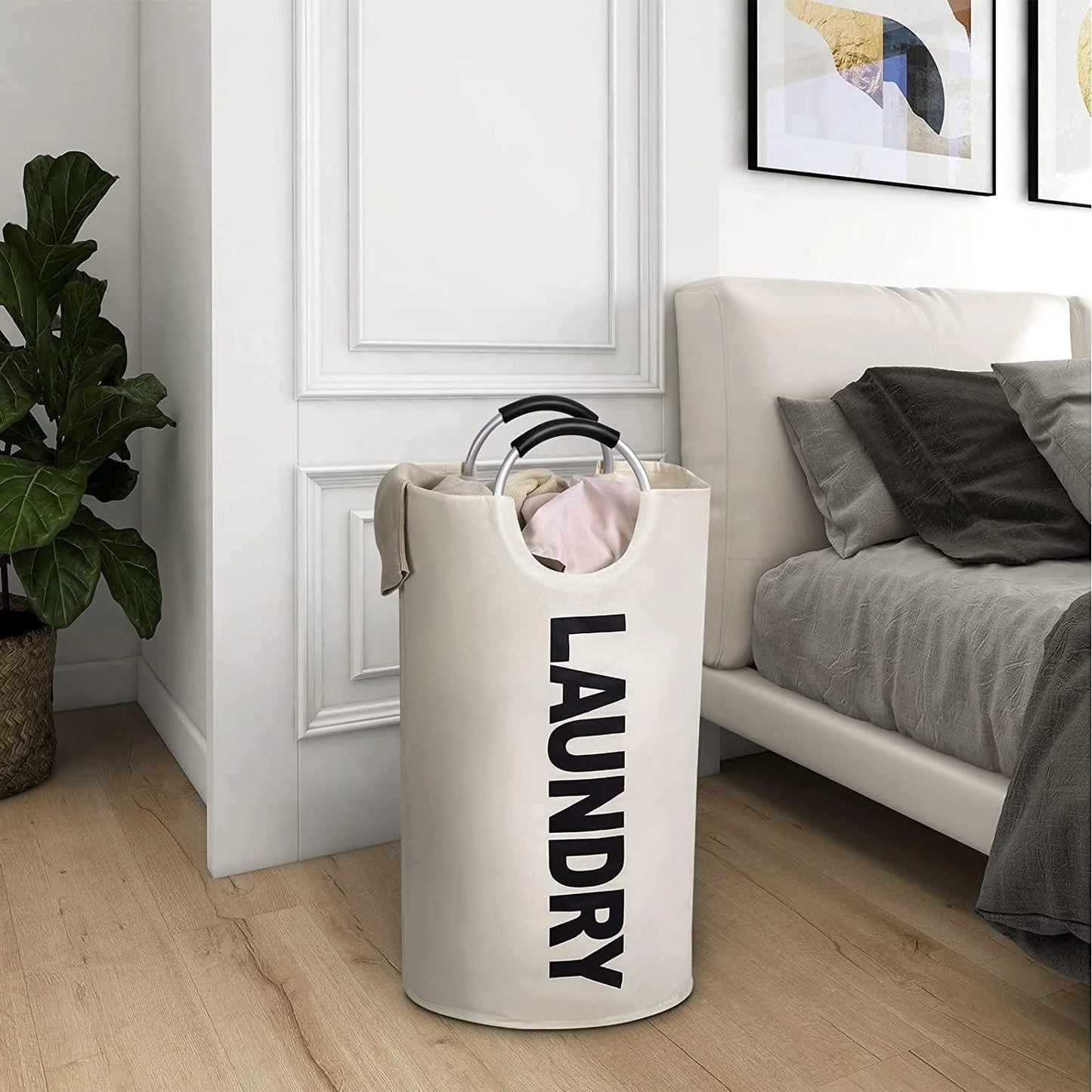 82L Large Laundry Basket Beige Collapsible Hamper with Handles Double Layer Waterproof Fabric Dirty Clothes Basket Foldable Freestanding Bin Laundry