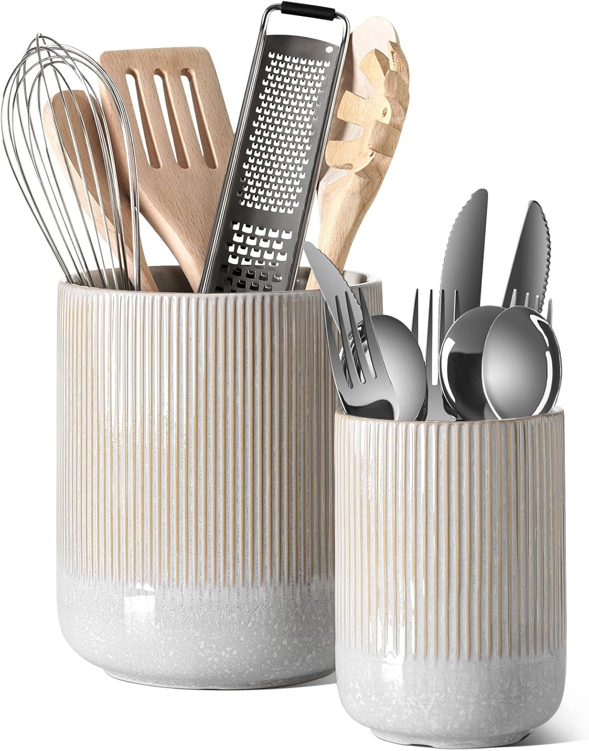 Set of 2 Ceramic Kitchen Utensil Holders, Large Modern Countertop Crocks for Spatulas & Cooking Tools, White (7.3" & 5.4")