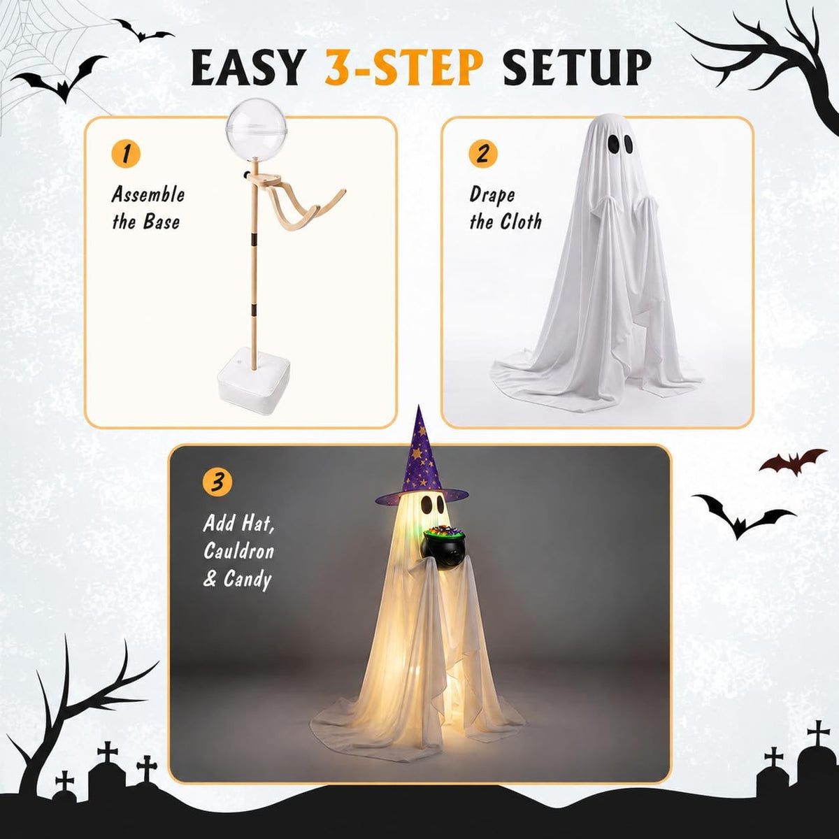 Light up ghost Halloween yard decor with cauldron for nighttime display