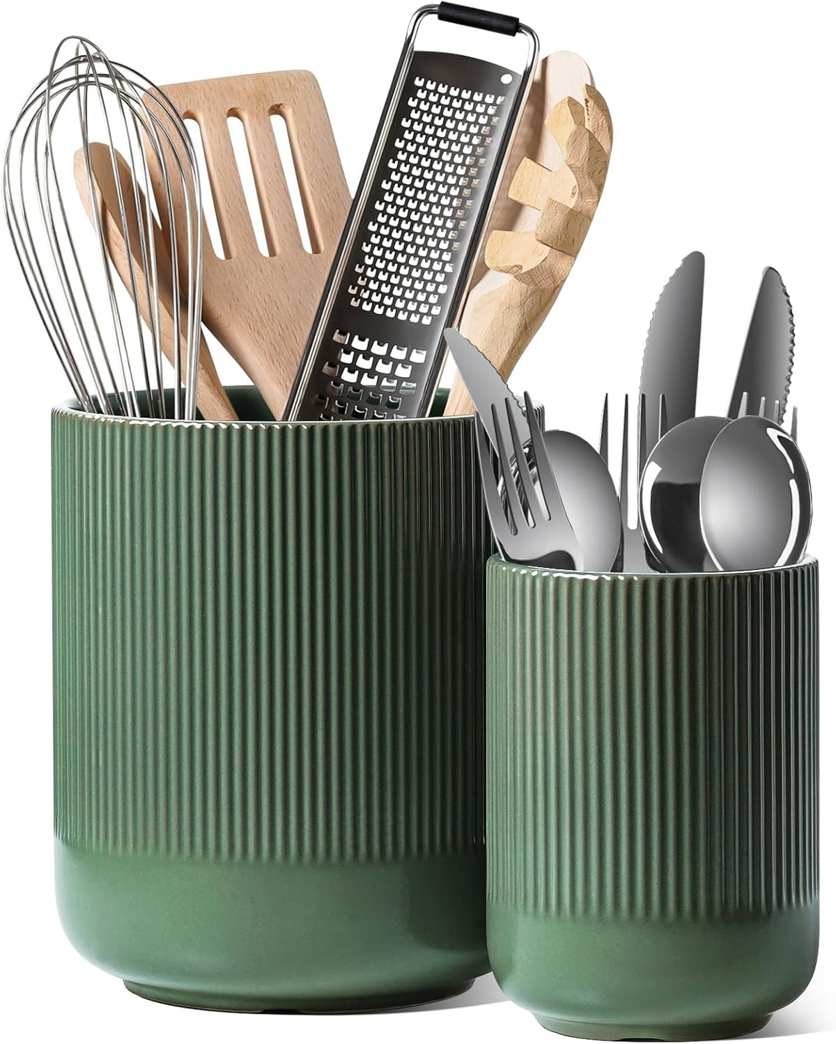 Set of 2 Ceramic Kitchen Utensil Holders, Large Modern Countertop Crocks for Spatulas & Cooking Tools, White (7.3" & 5.4")