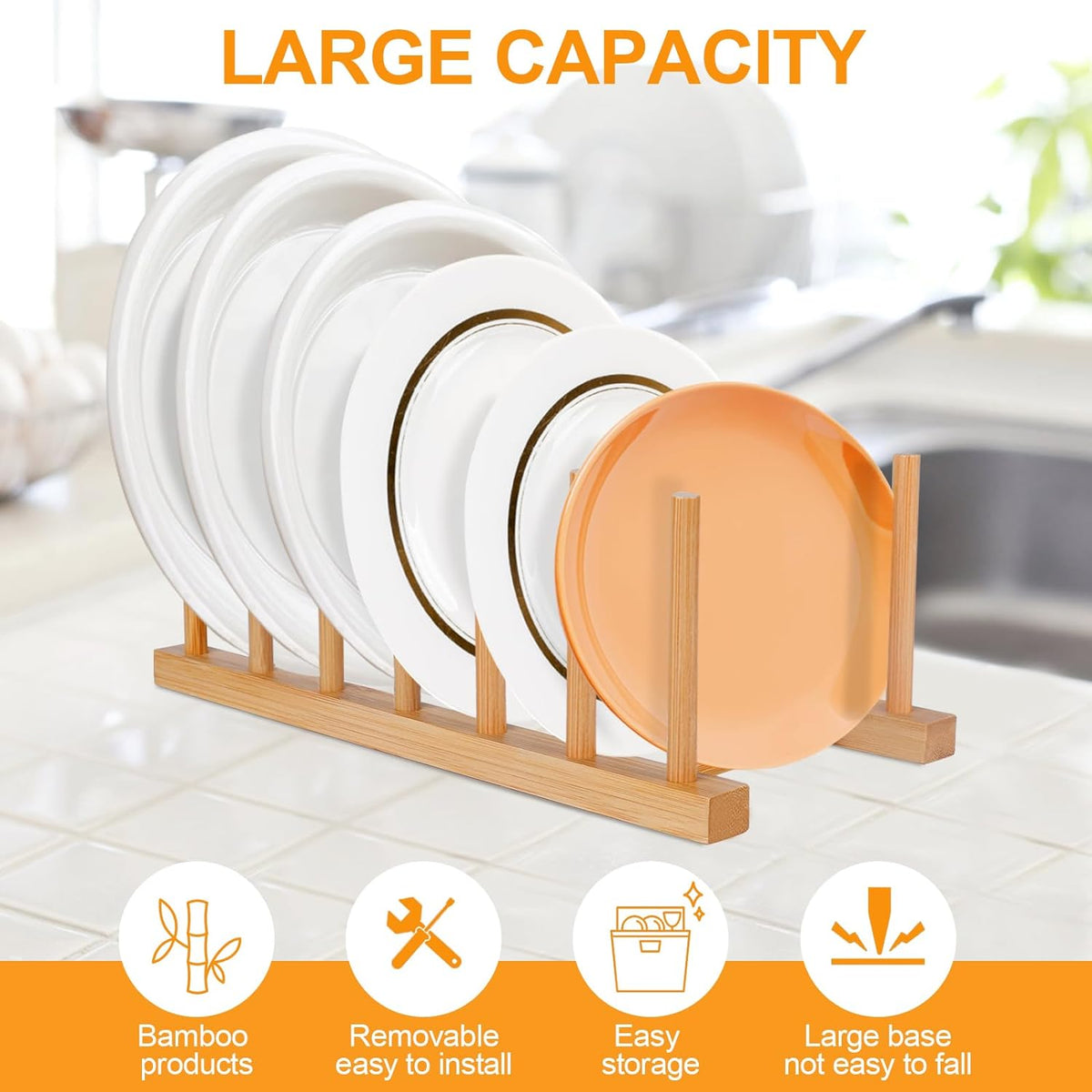 2-Pack Bamboo Wooden Dish Racks, Vertical Plate & Pot Holders for Kitchen Cabinet, Bowls, Cups, Lids, Cutting Boards & Books