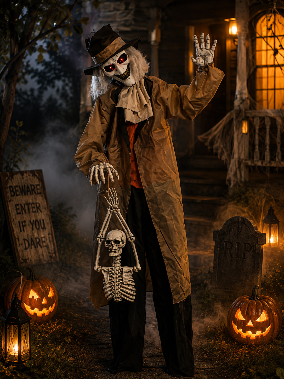 Poseable Zombie Halloween Animatronic with Chainsaw