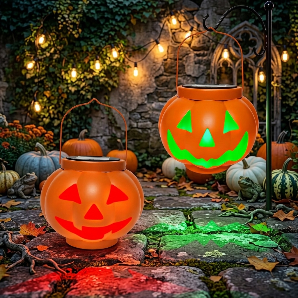 Two Halloween pumpkin solar lanterns with glowing faces for spooky outdoor decor
