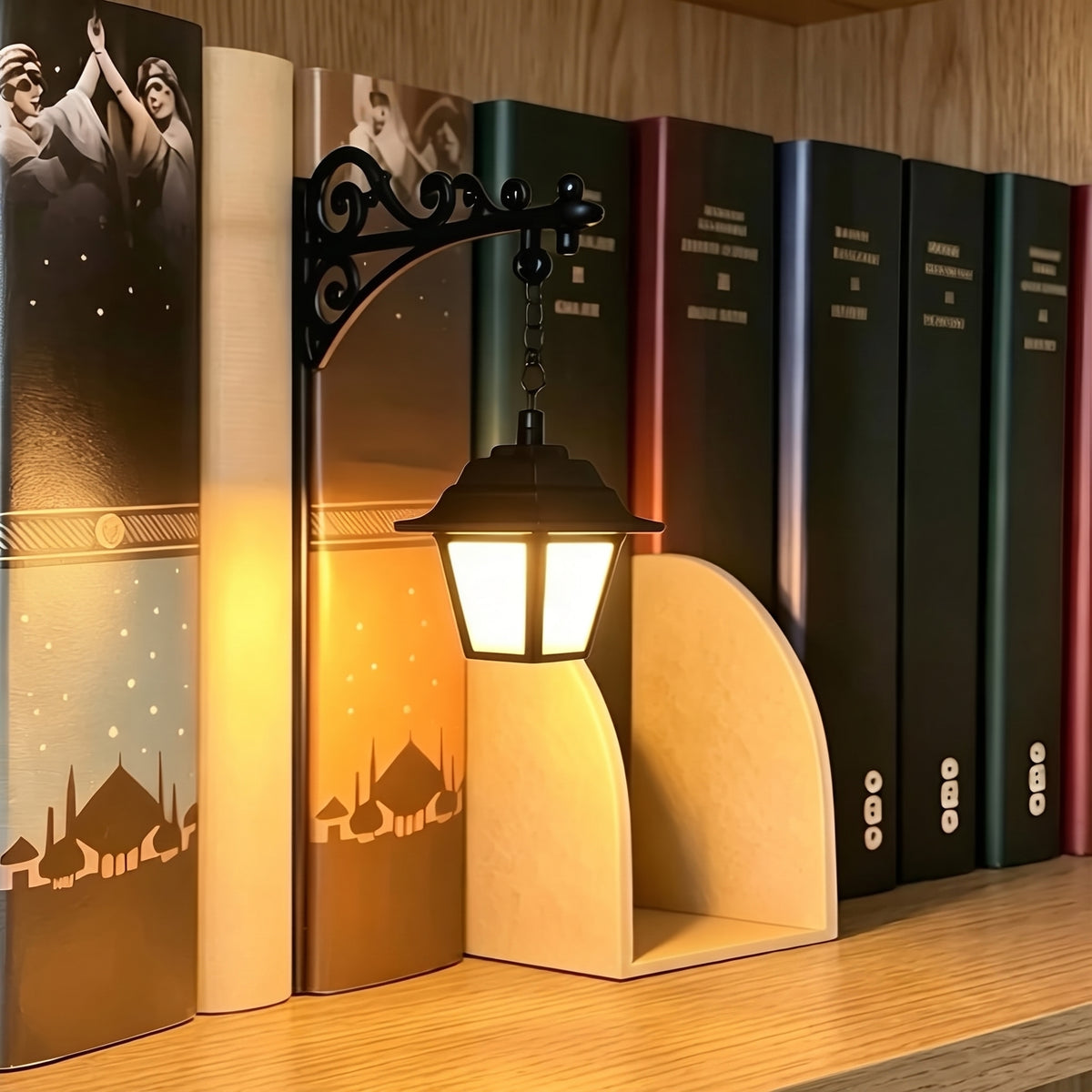 Warm LED bookshelf lamp with ghost design for desk table and book nook decor