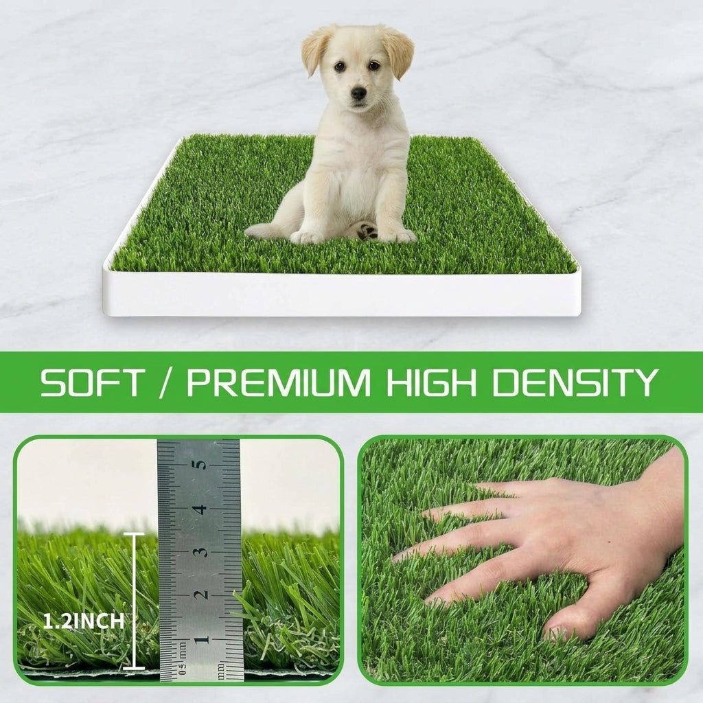 Indoor puppy potty with fake grass surface and lower urine collection tray