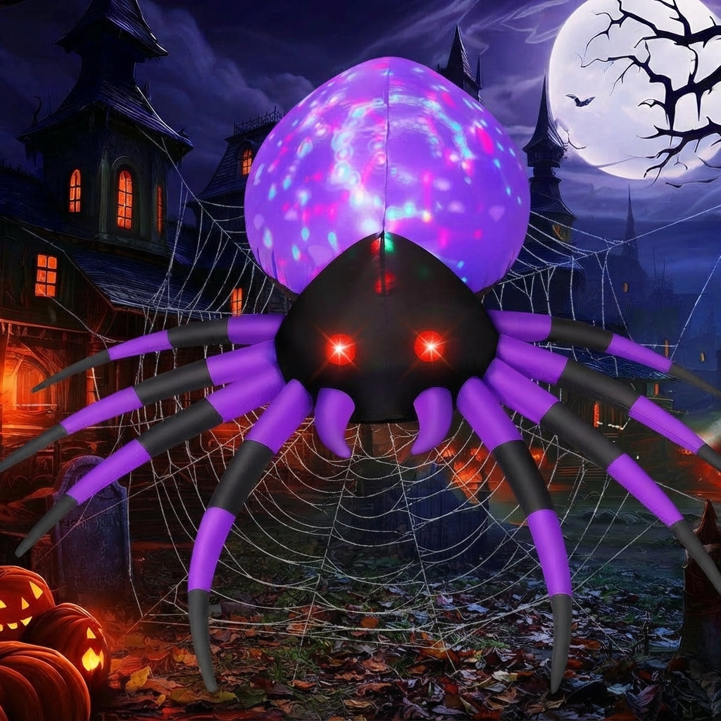 Giant Halloween spider inflatable displayed in a front yard