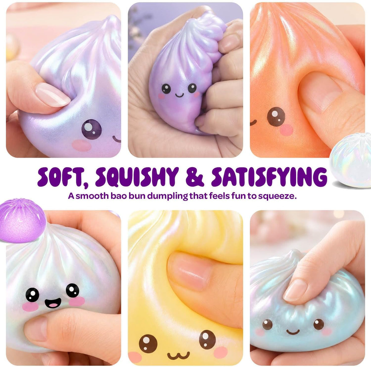 Soft glitter dumpling squishy fidget toy with cute face and colorful design