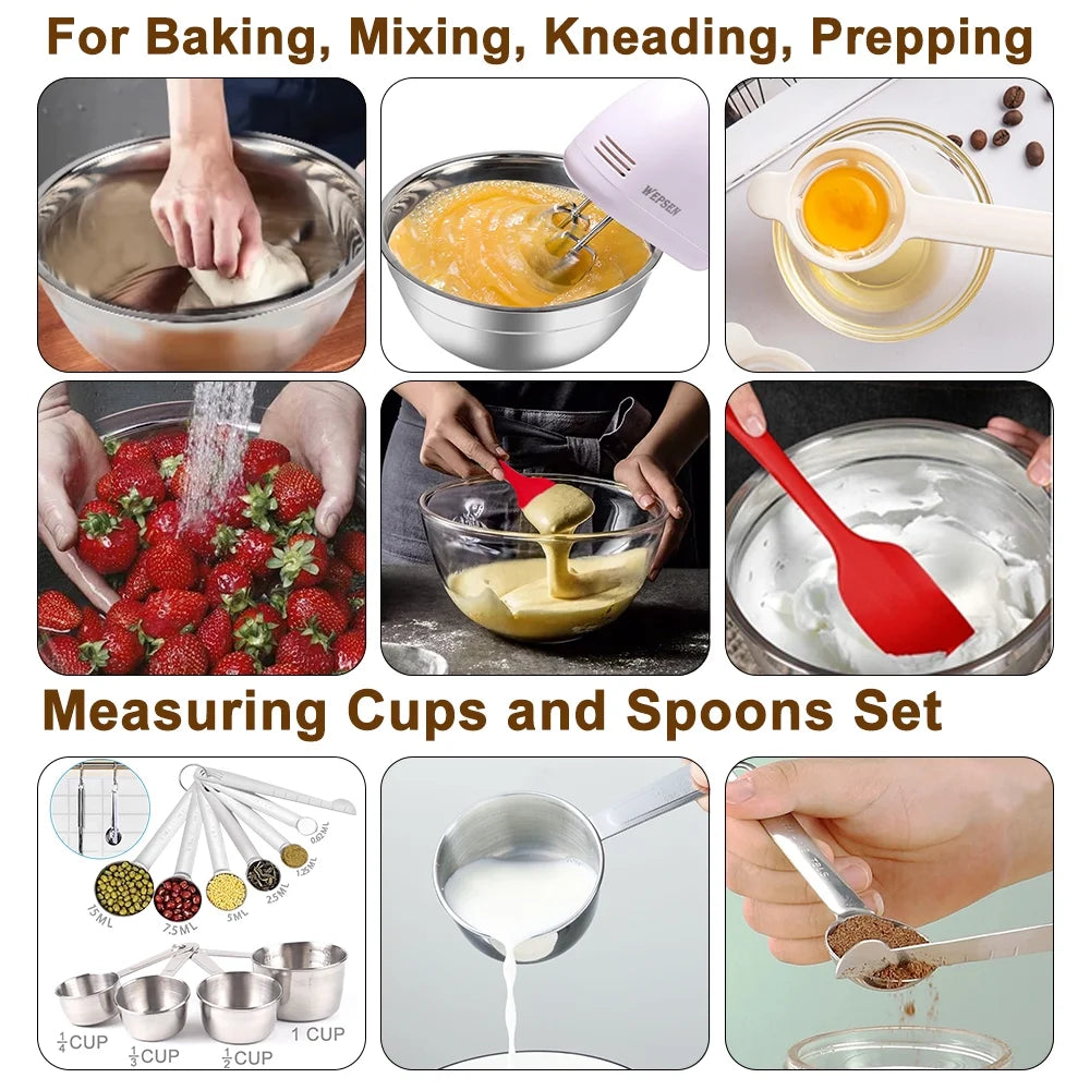 Mixing Bowls with Lids Set, 23 Pcs Kitchen Utensils Stainless Steel Nesting Bowls, Measuring Cups Spoons, 12 Reusable Silicone Stretch Lids Non-Slip Mat Egg Whisk for Baking Cooking by
