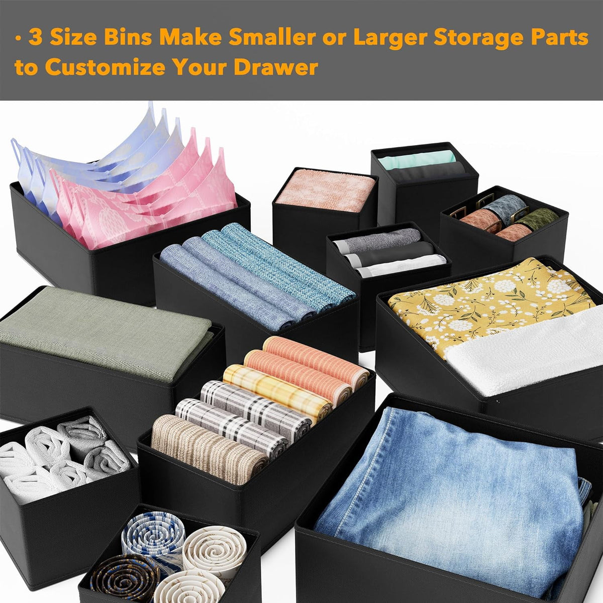 Drawer Organizer for Clothes, Dresser Drawer Organizer, 12 Pack, Black