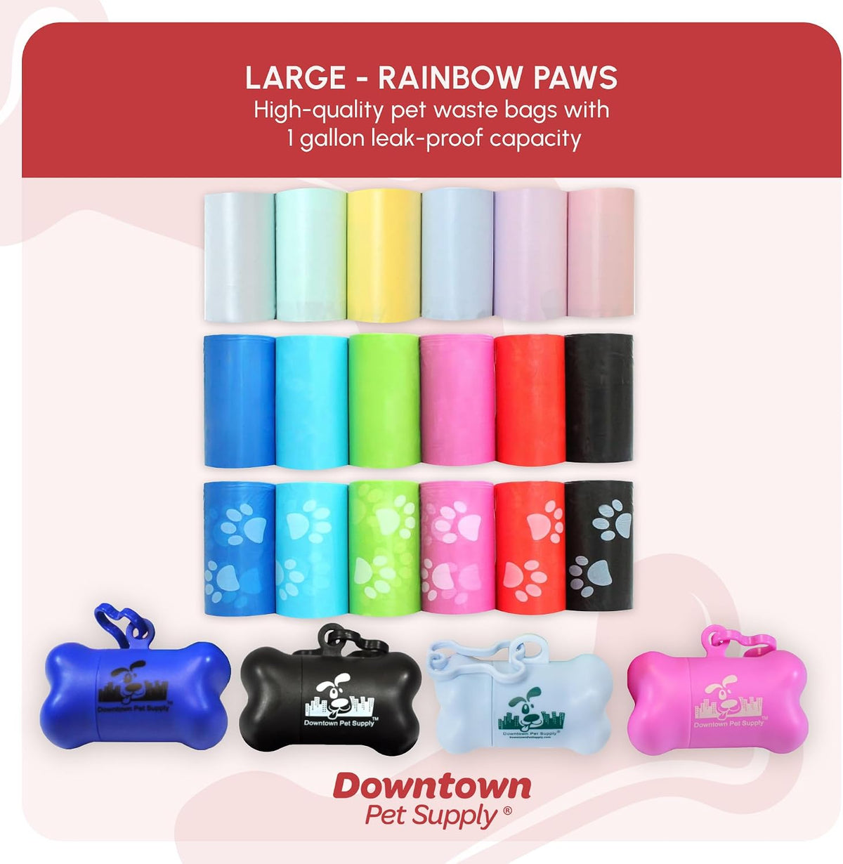 Bone-shaped poop bag holder with colorful dog waste bag rolls