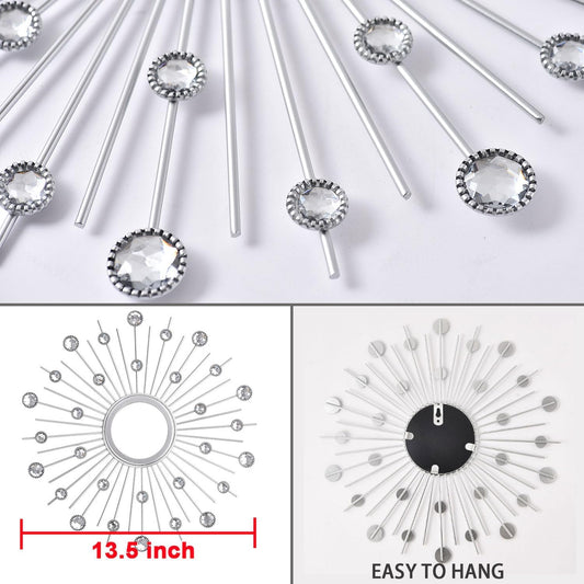 3-Pack Crystal Sunburst Wall Mirrors with Rhinestones, Silver Decorative Home Wall Art for Living Room, Bedroom & Entryway