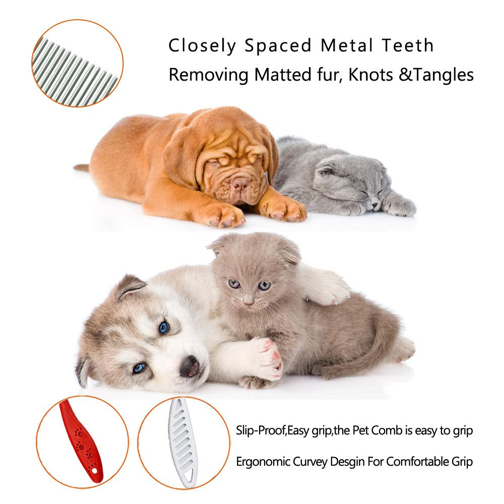 2-Pack Pet Grooming Combs for Dogs & Cats – Stainless Steel Teeth for Removing Matted Fur, Knots & Tangles (Red)