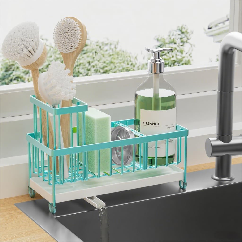 Cisily Black Sponge Holder for Kitchen Sink, Sink Caddy Organizer with High Brush Holder, Kitchen Countertop Organizers and Storage Essentials, Rustproof 304 Stainless Steel, Soap Dispenser Organize