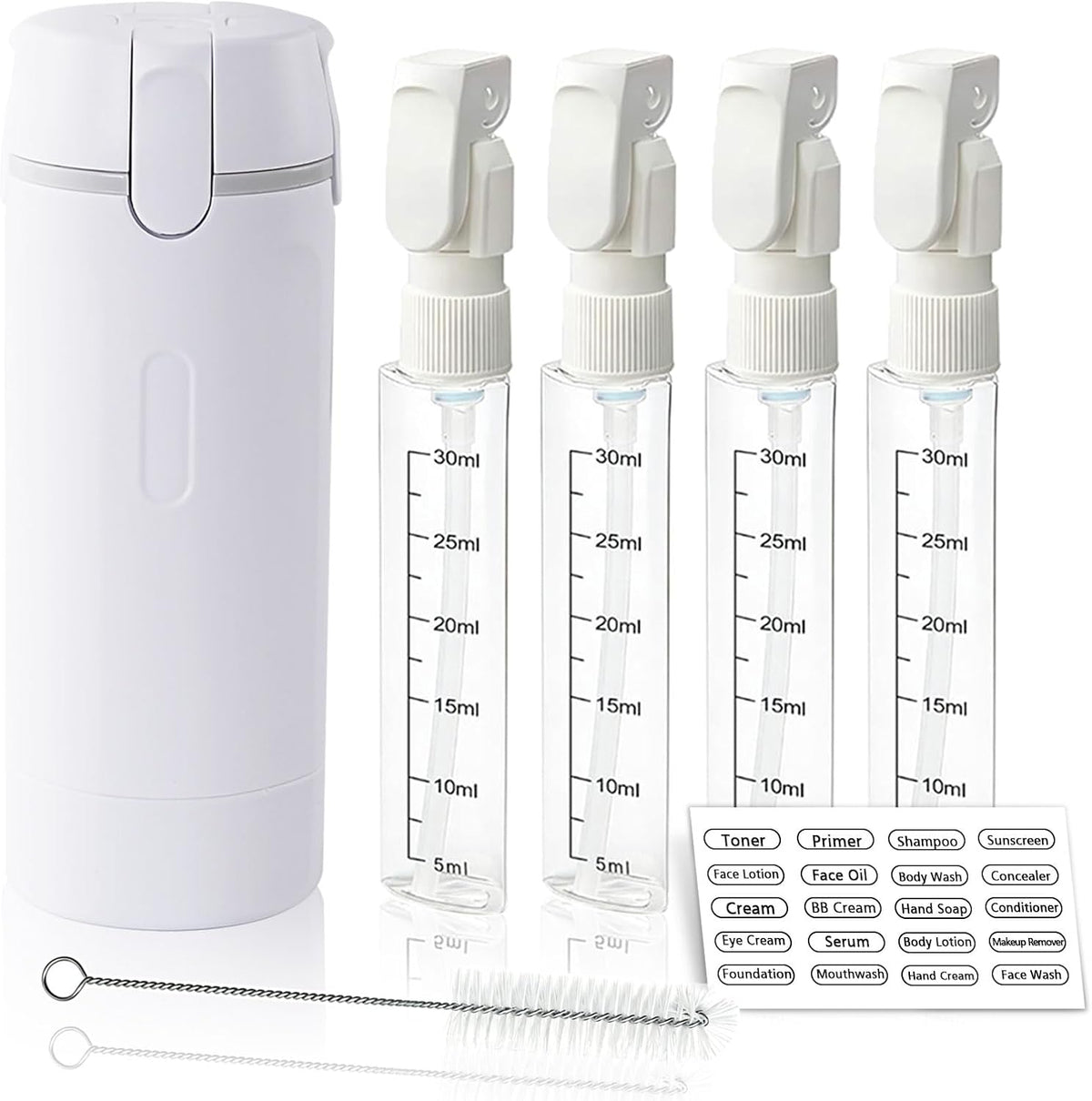 4 in 1 Travel Dispenser Bottle with Cleaning Brush,4 Pack 30Ml Leak Proof Refillable Travel Size Toiletries Containers for Shampoo Conditioner,Portable Travel Bottles Set for Vacation Camping & Gym