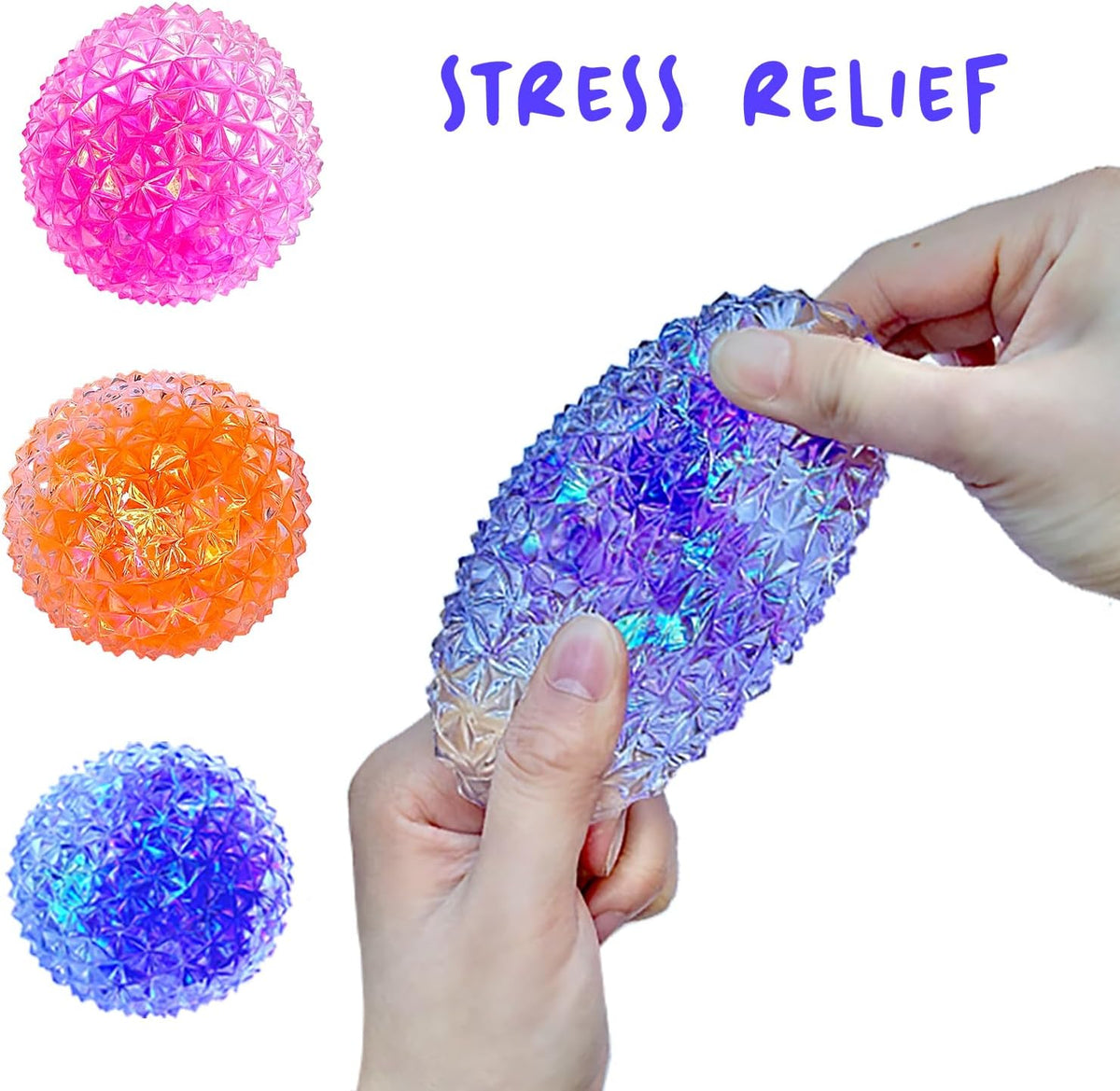 Purple diamond-shaped sensory stress ball with sparkling glitter pieces inside