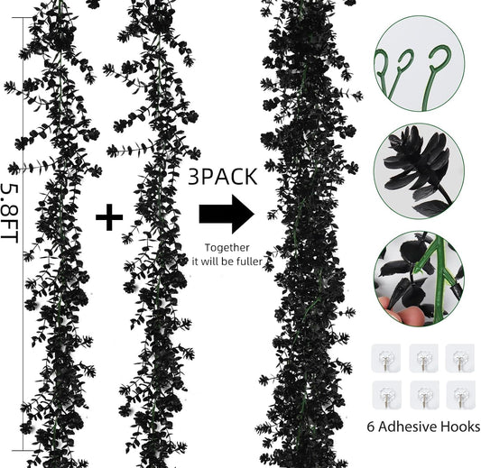 3-Pack Black Artificial Eucalyptus Garland with Flowers, Halloween & Fall Party Decor, Fake Floral Greenery for Wall Backdrop