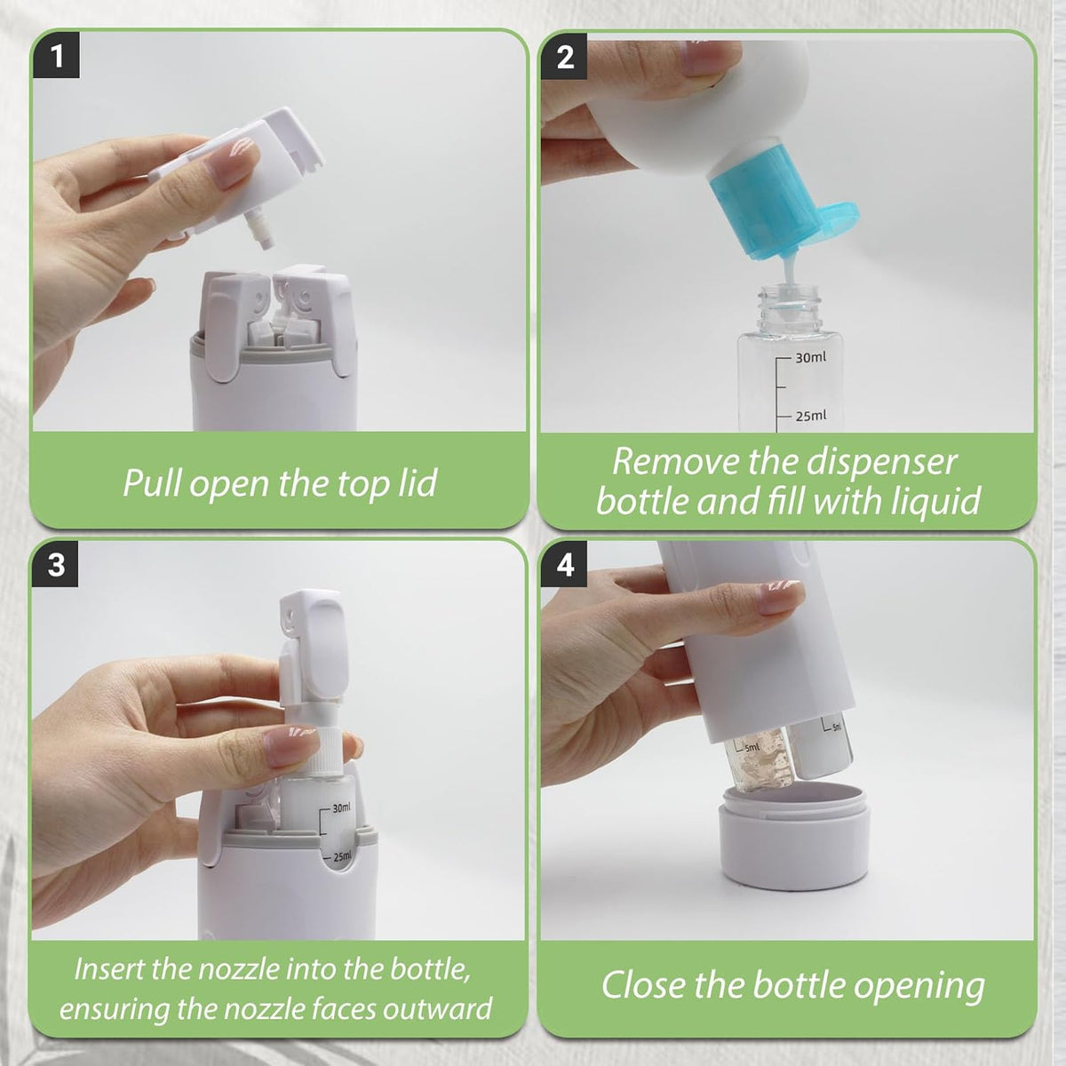 4 in 1 Travel Dispenser Bottle with Cleaning Brush,4 Pack 30Ml Leak Proof Refillable Travel Size Toiletries Containers for Shampoo Conditioner,Portable Travel Bottles Set for Vacation Camping & Gym