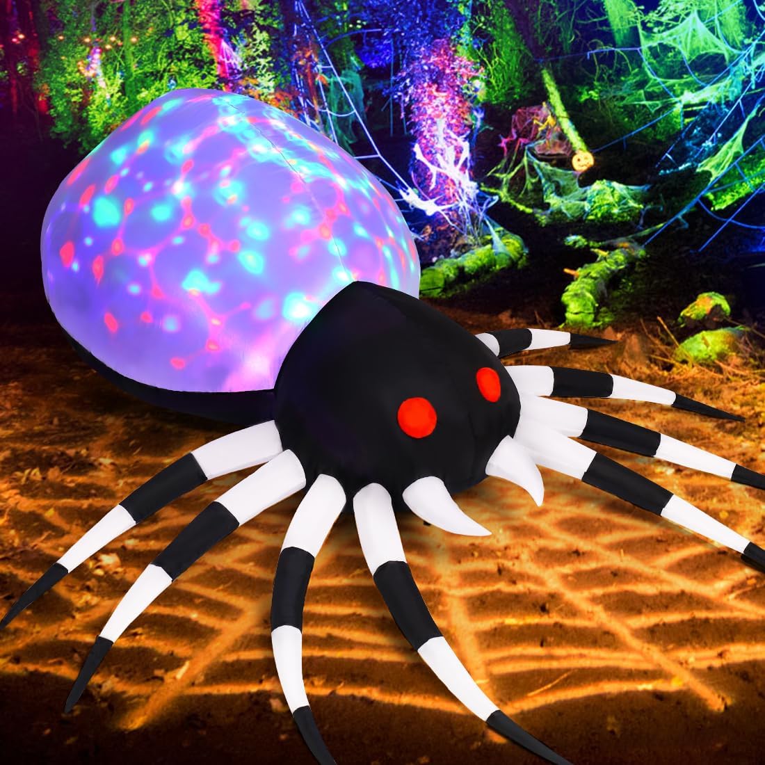 Inflatable Halloween spider with red eyes and long fangs