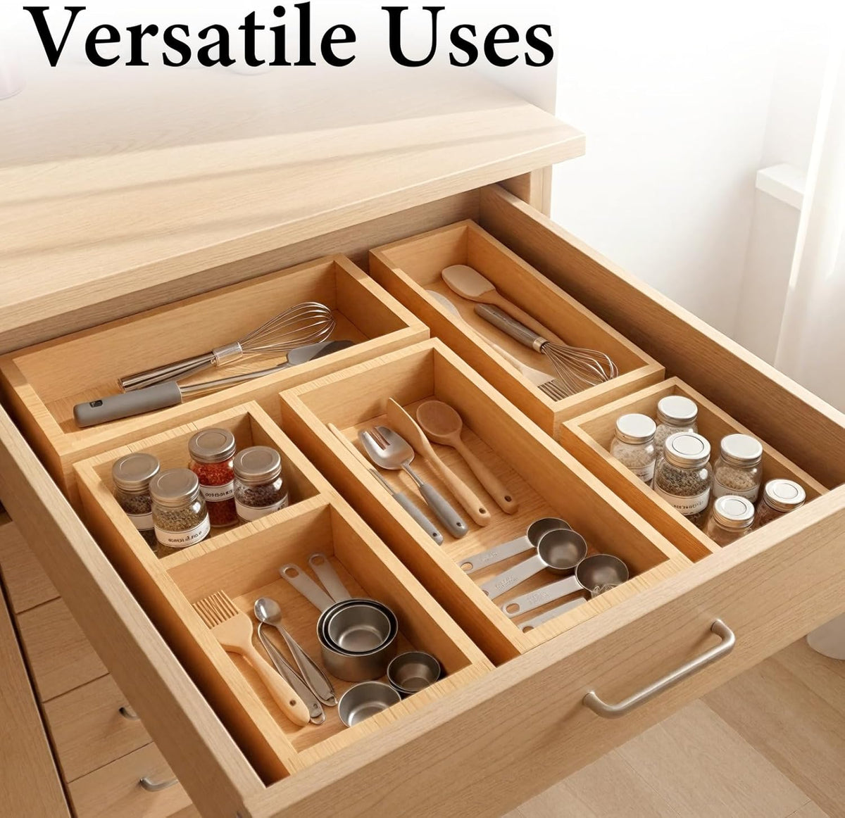 5-Pack Bamboo Drawer Organizers, Multi-Purpose Wooden Dividers for Kitchen, Office, Jewelry & Cosmetics, Desk & Drawer Storage, Gift Idea
