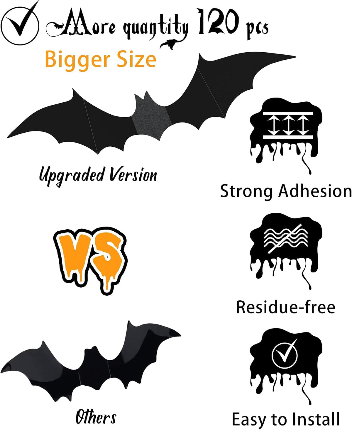 120 Pcs 3D Halloween Bat Wall Decor for Indoor Walls