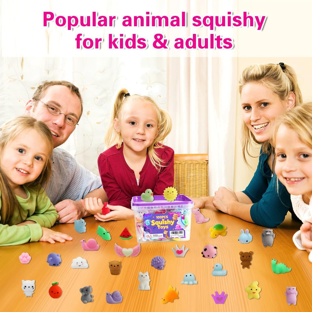 100 colorful mochi squishy toys displayed together for kids sensory play