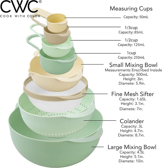 Bowls with Measuring Cups Colander and Sifter Set - Includes Mixing Bowls, Colander, Sifter and Measuring Cups, Mint, 8 Pc Bowl