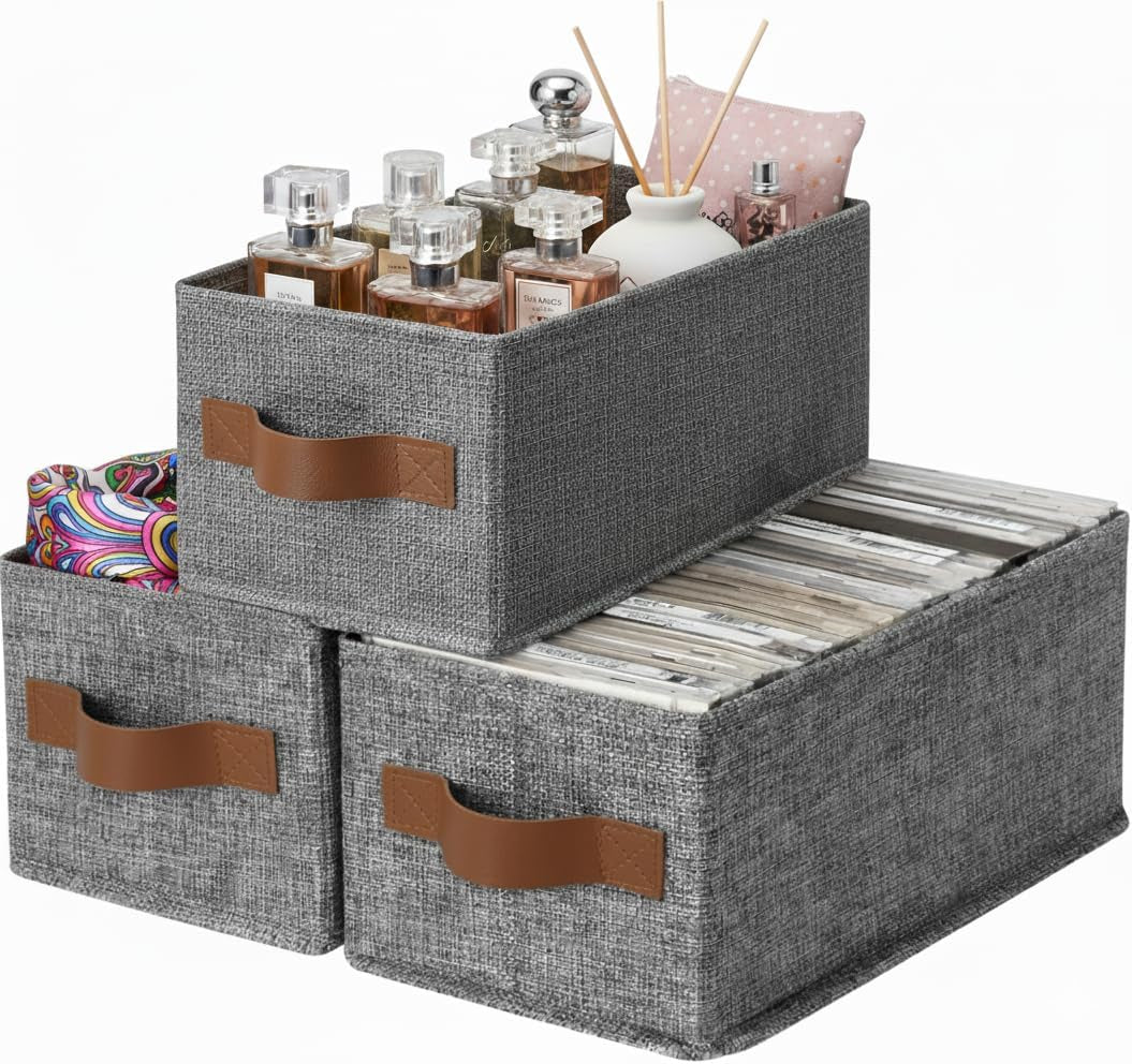 3-Pack Large Fabric Storage Bins with Handles, Collapsible Storage Boxes for Shelves & Closet Organization, Gray