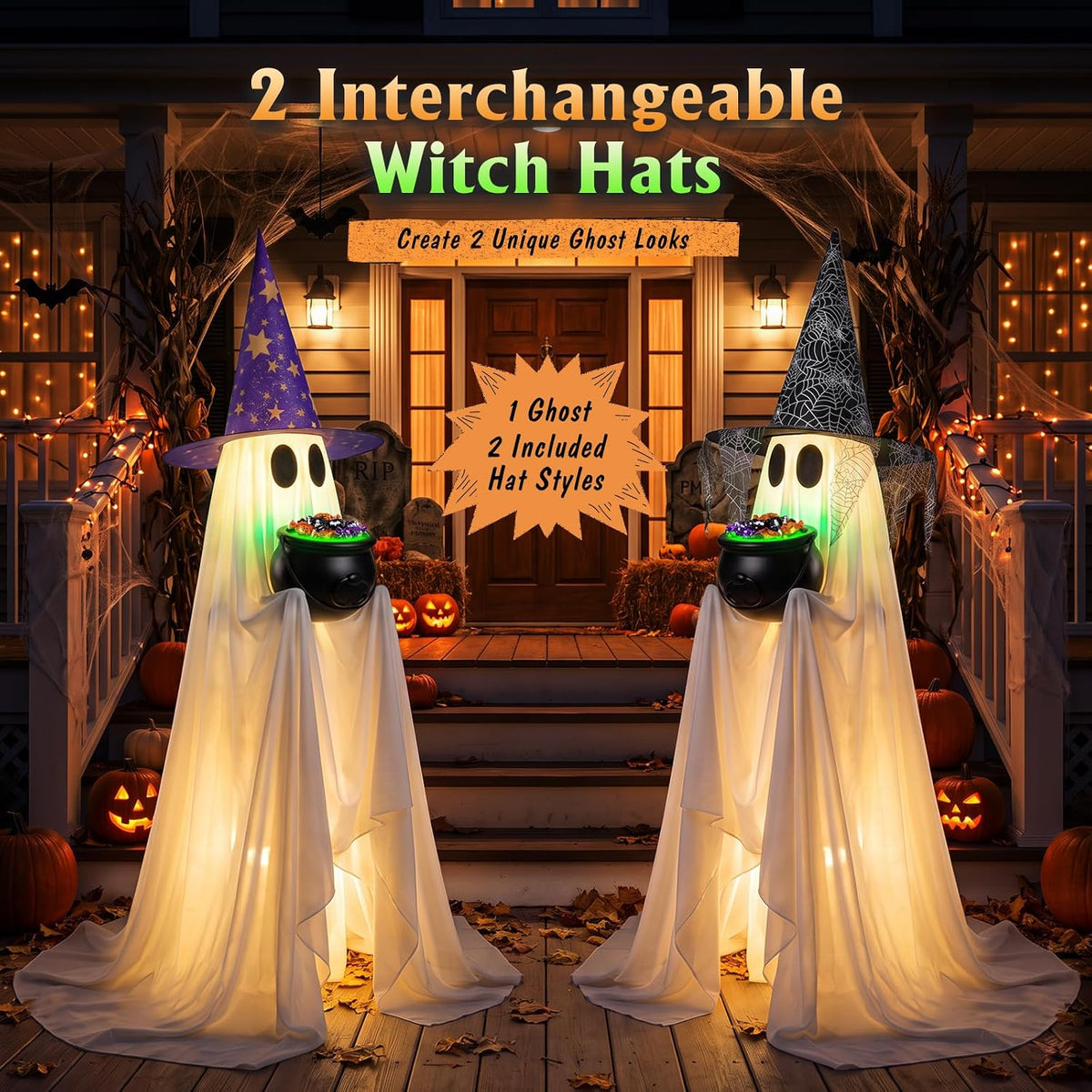 53 inch ghost Halloween decor with illuminated cauldron and candy theme