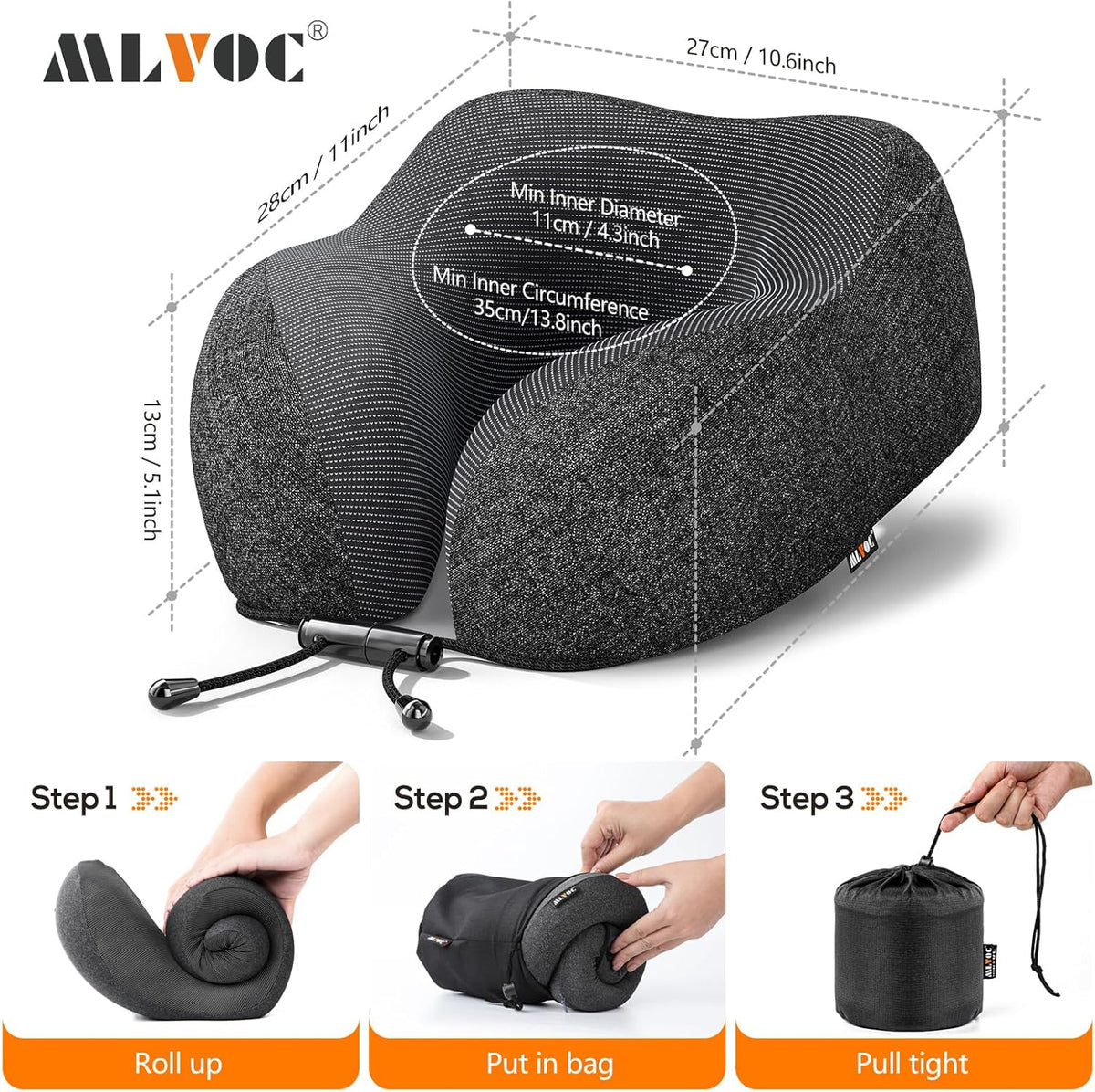MLVOC Travel Pillow 100% Pure Memory Foam Neck Pillow, Comfortable & Breathable Cover, Machine Washable, Airplane Travel Kit with 3D Contoured Eye Masks, Earplugs, and Luxury Bag, Standard (Black)