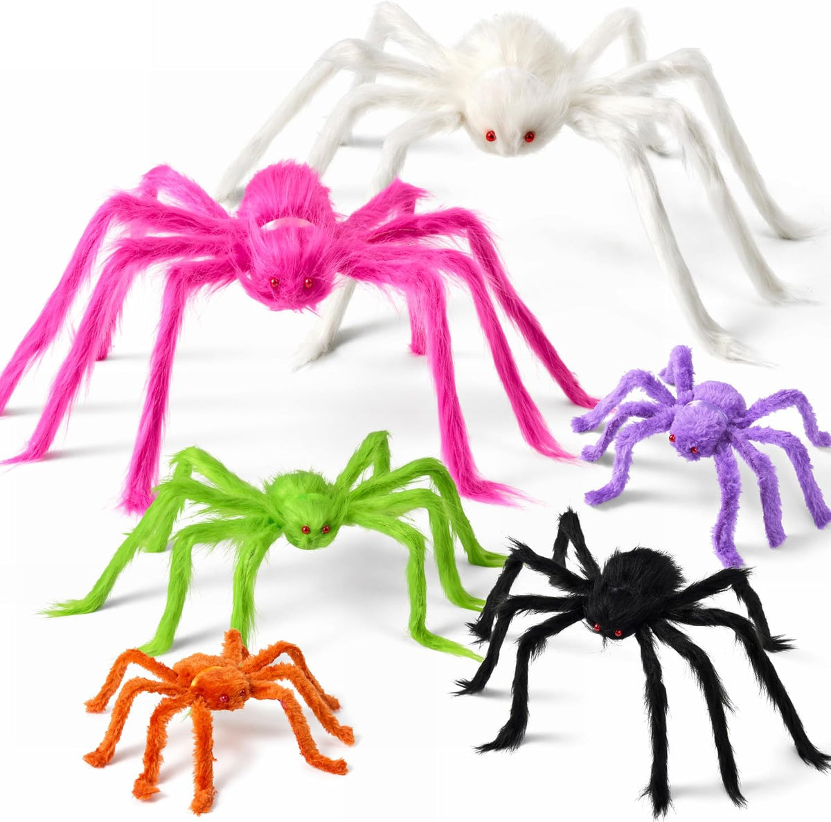 Six Halloween spiders in different sizes for outdoor decor