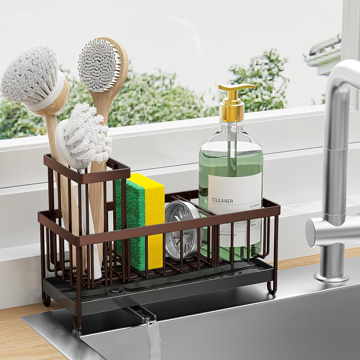 Cisily Black Sponge Holder for Kitchen Sink, Sink Caddy Organizer with High Brush Holder, Kitchen Countertop Organizers and Storage Essentials, Rustproof 304 Stainless Steel, Soap Dispenser Organize