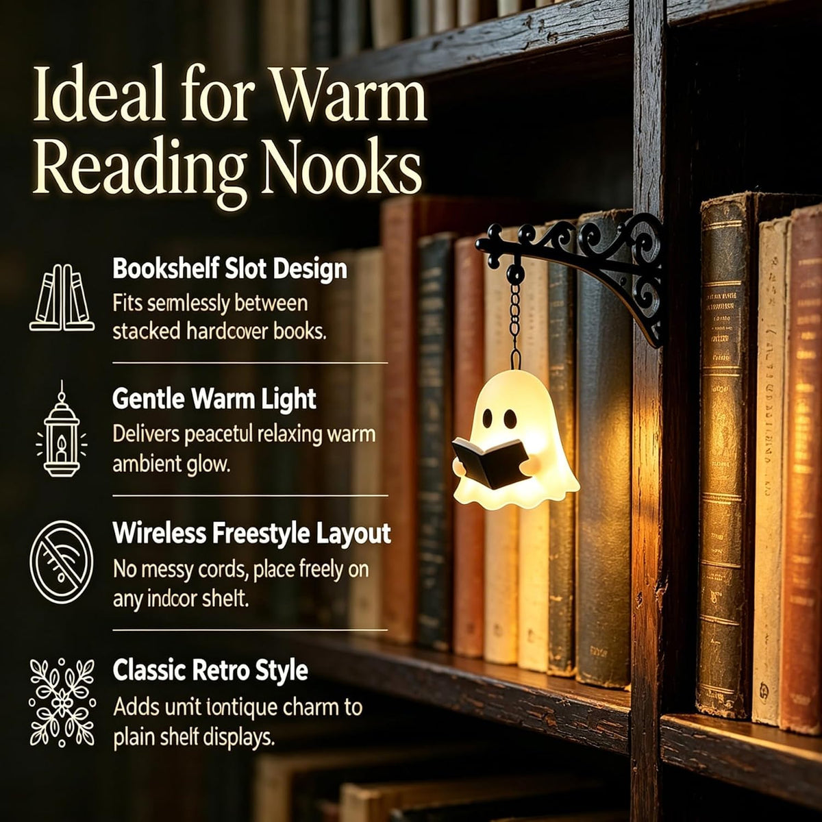 Mini bookshelf lantern lamp with ghost design and warm LED nightlight
