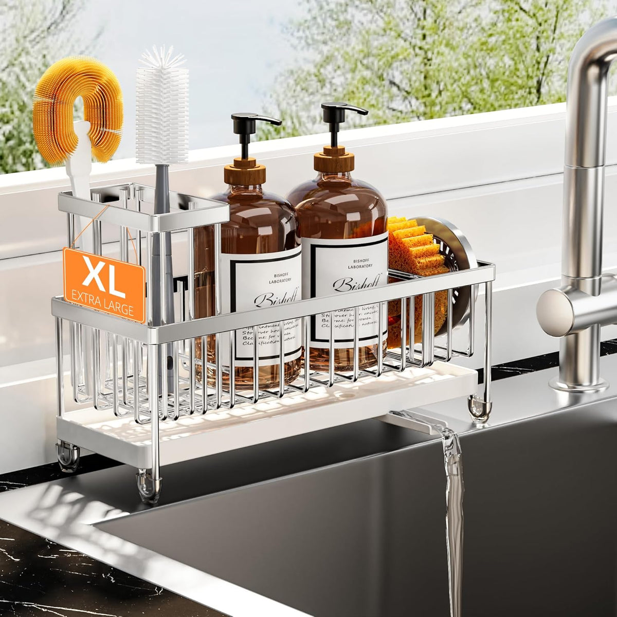 Cisily Black Sponge Holder for Kitchen Sink, Sink Caddy Organizer with High Brush Holder, Kitchen Countertop Organizers and Storage Essentials, Rustproof 304 Stainless Steel, Soap Dispenser Organize