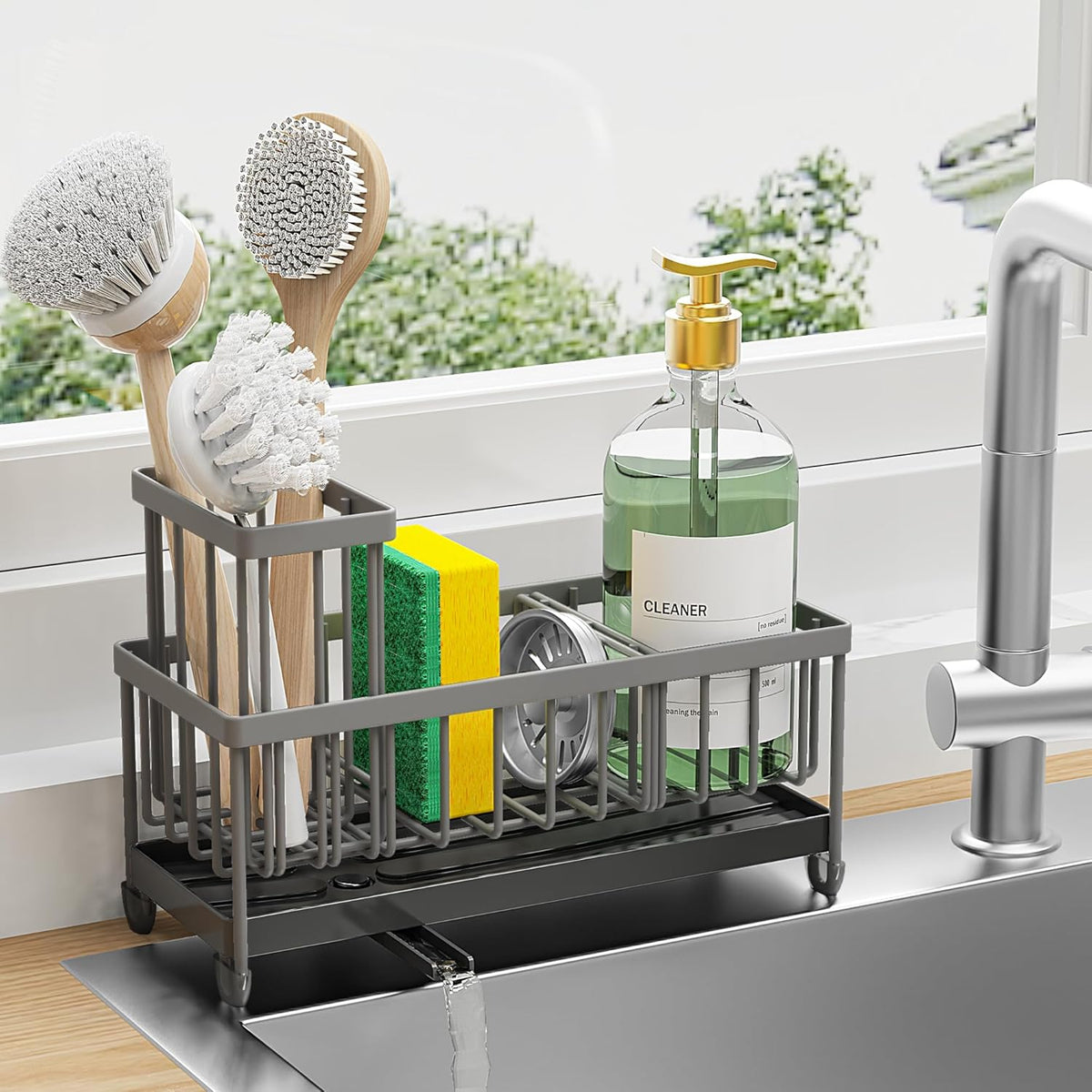 Cisily Black Sponge Holder for Kitchen Sink, Sink Caddy Organizer with High Brush Holder, Kitchen Countertop Organizers and Storage Essentials, Rustproof 304 Stainless Steel, Soap Dispenser Organize