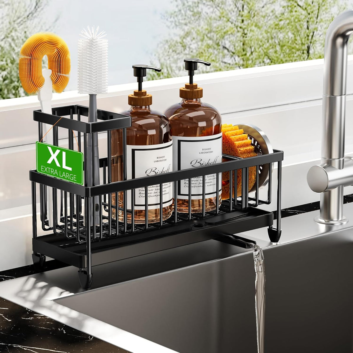 Cisily Black Sponge Holder for Kitchen Sink, Sink Caddy Organizer with High Brush Holder, Kitchen Countertop Organizers and Storage Essentials, Rustproof 304 Stainless Steel, Soap Dispenser Organize