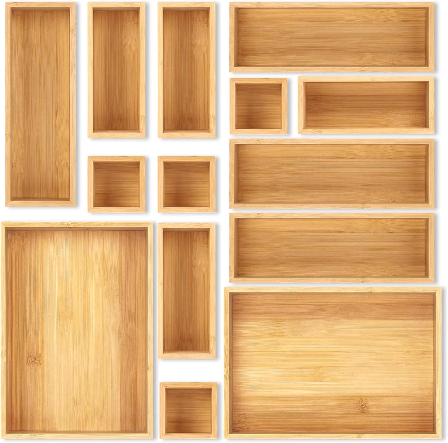 Bamboo Drawer Organizer Set, 5 PCS Multi-Use Individual Wood Storage Organizers, , Office Desk, Makeup, Jewelry, Utensils