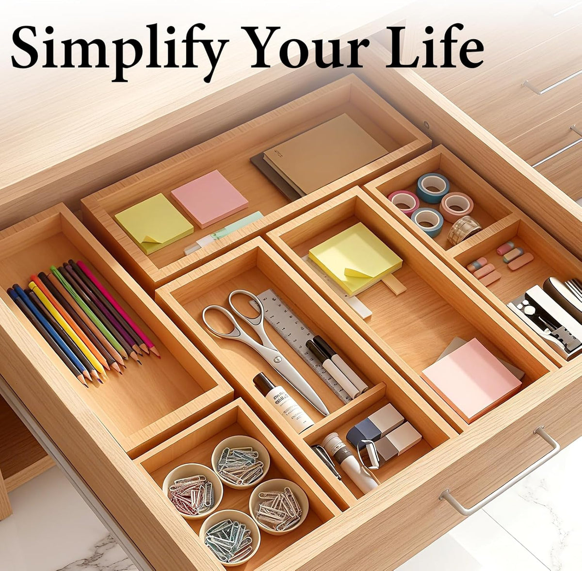 5-Pack Bamboo Drawer Organizers, Multi-Purpose Wooden Dividers for Kitchen, Office, Jewelry & Cosmetics, Desk & Drawer Storage, Gift Idea