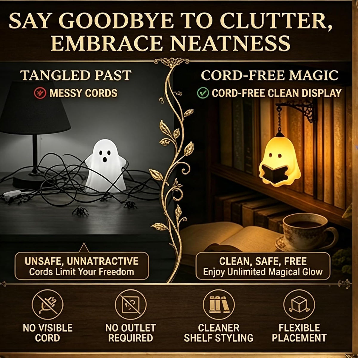 Ghost library lantern with warm light for Halloween bookshelf decoration