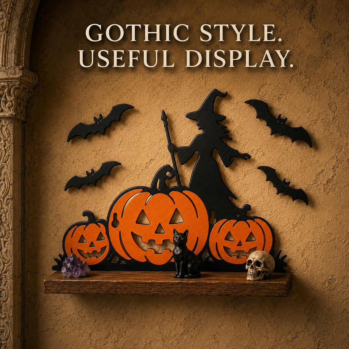 Pracaniz Halloween Display Shelf, 11-Inch Witch Pumpkin Bat Mantel Decor