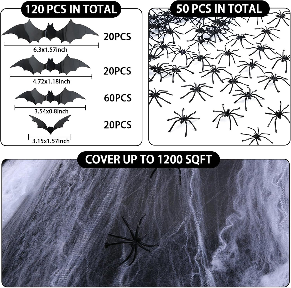 Stretchable Halloween spider web decoration with plastic bats