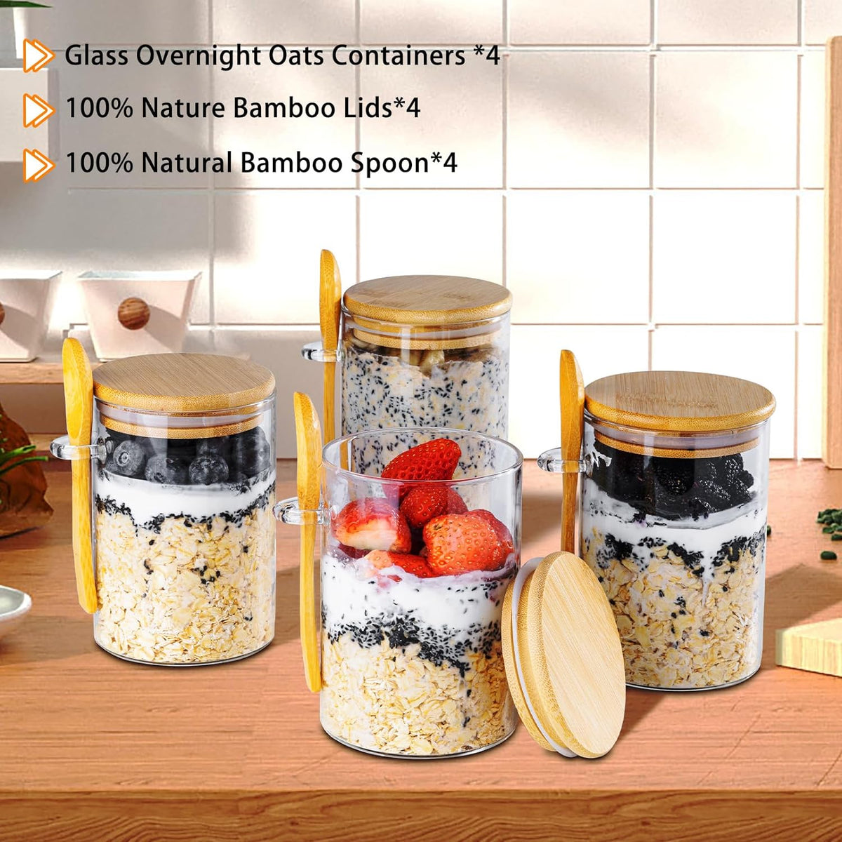4-Pack 16oz Glass Overnight Oats & Meal Prep Containers with Lids, Oatmeal & Pudding Jars