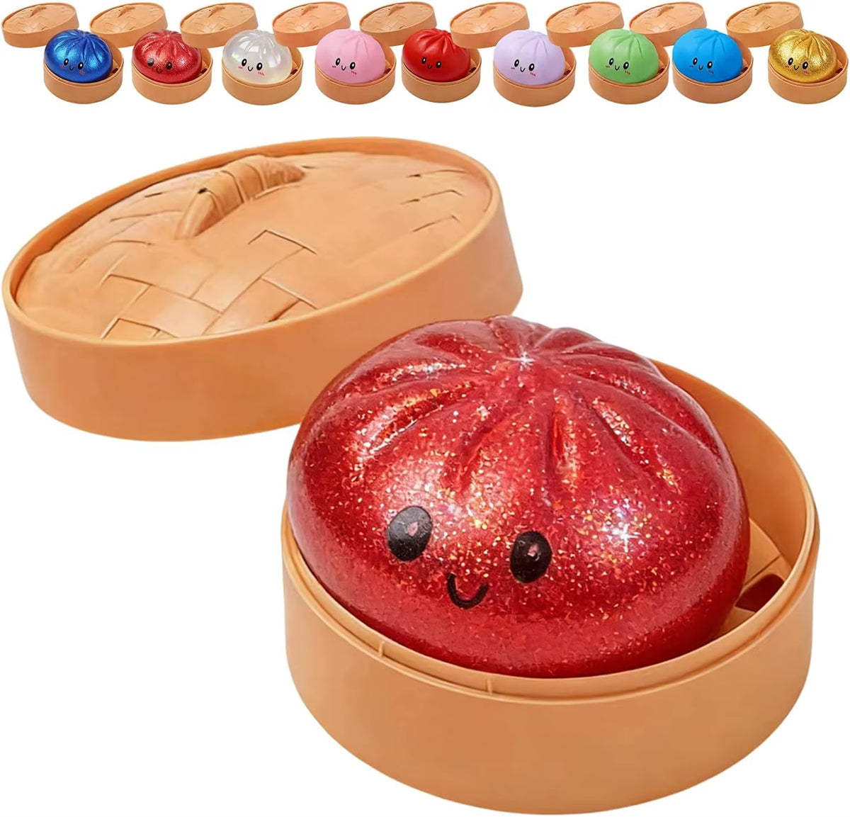 Glitter dumpling squishy sensory toy with colorful decorative finish